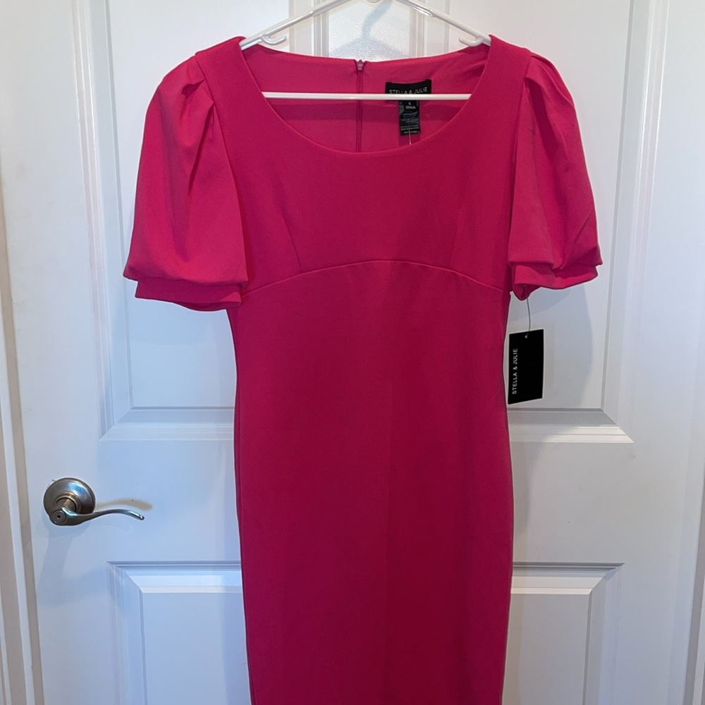 hot pink puff sleeve midi dress - Picture 3 of 8